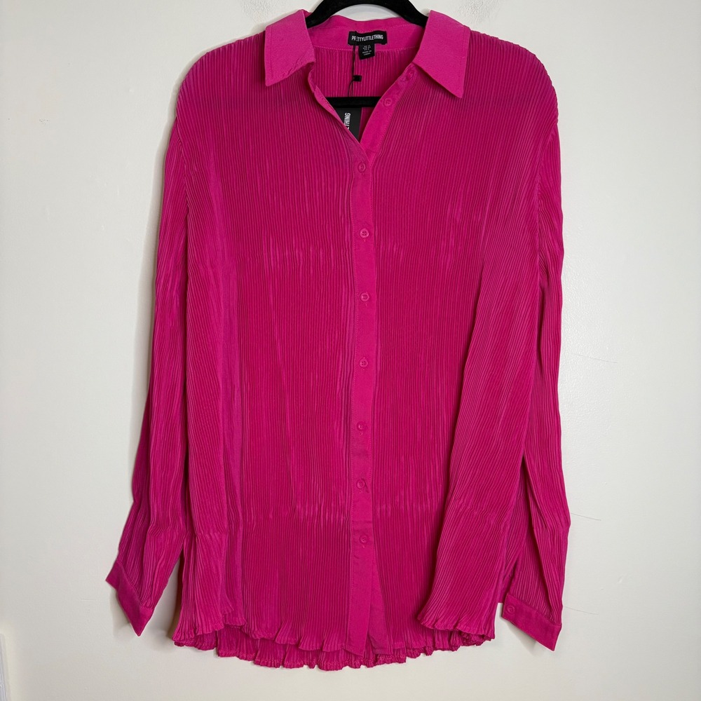 PRETTYLITTLETHING Hot Pink Plisse Button Front Oversized Shirt Top UK 12 US 8